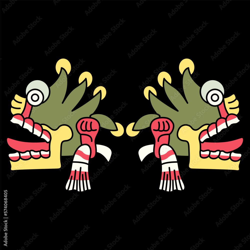 Symmetrical ethnic design with two Aztec skulls with open mouths and ...