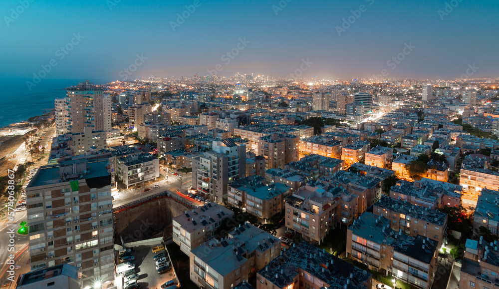 Bat Yam, Tel Aviv Israel, night view of the city from a height