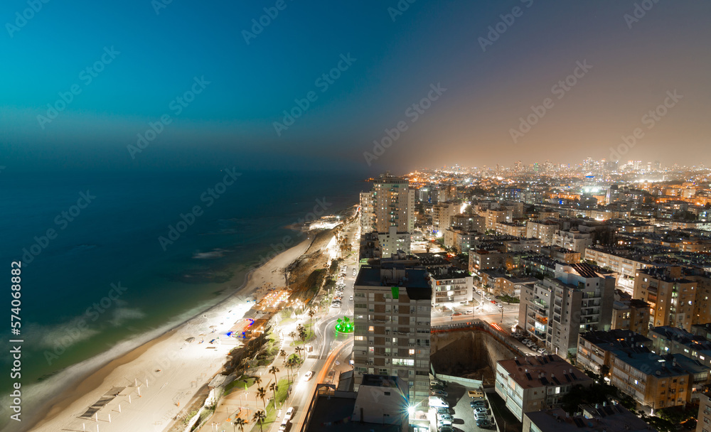 Bat Yam, Tel Aviv, Israel, top night view of the city, embankment and beach