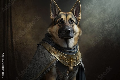 German Shepherd wearing medieval clothes. Generative AI illustration.