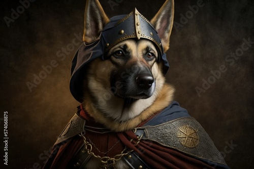 German Shepherd wearing medieval clothes. Generative AI illustration.