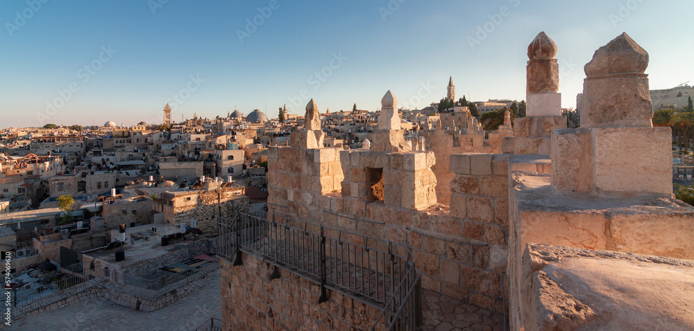 Jerusalem Old City panorama, Damascus Gate. Towers of ancient town