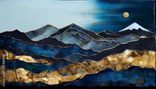 Watercolor art background with mountains and hills in blue and gold over the sea or lake. 