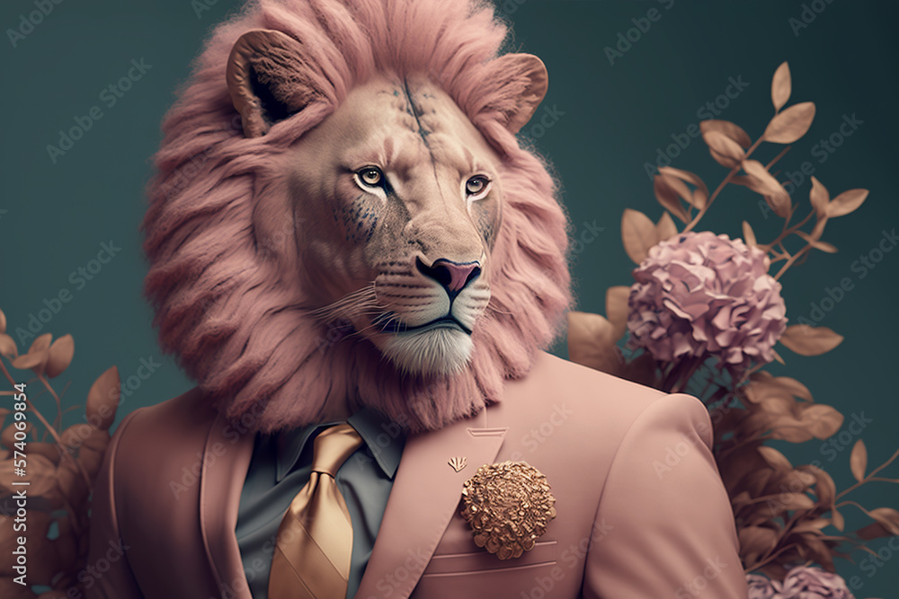 Portrait of a lion dressed in a formal business suit, boss, generative ai