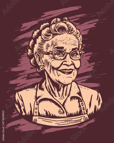 Happy grandma old woman vintage woodcut hand drawn engraving style illustration vector eps 10