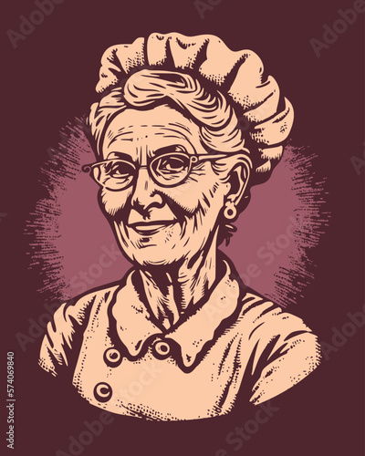 Happy grandma old woman vintage woodcut hand drawn engraving style illustration vector eps 10