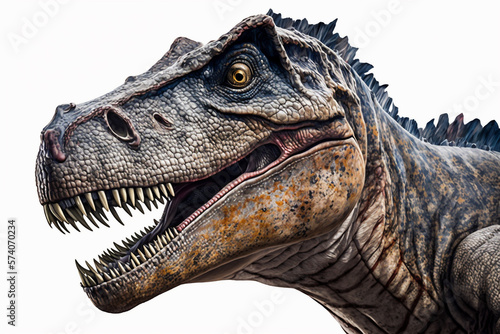 Closeup of giganotosaurus isolated on white background. Generative AI.