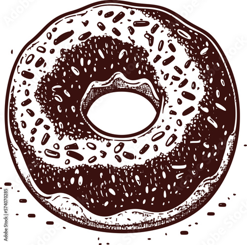 Vintage tasty donut with frosting and sprinkles woodcut engraved style vector illustration eps 10