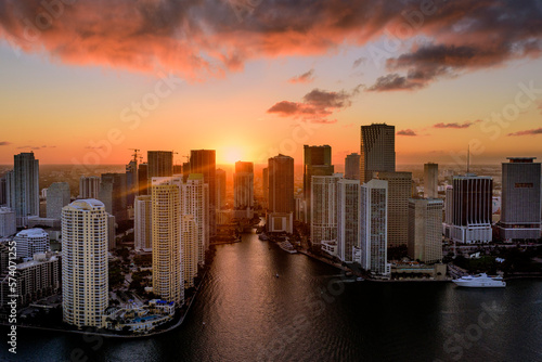 Brickell Key,Miami Downtown at sunset,.Aerial, .Miami,Miami Beach South Florida,USA