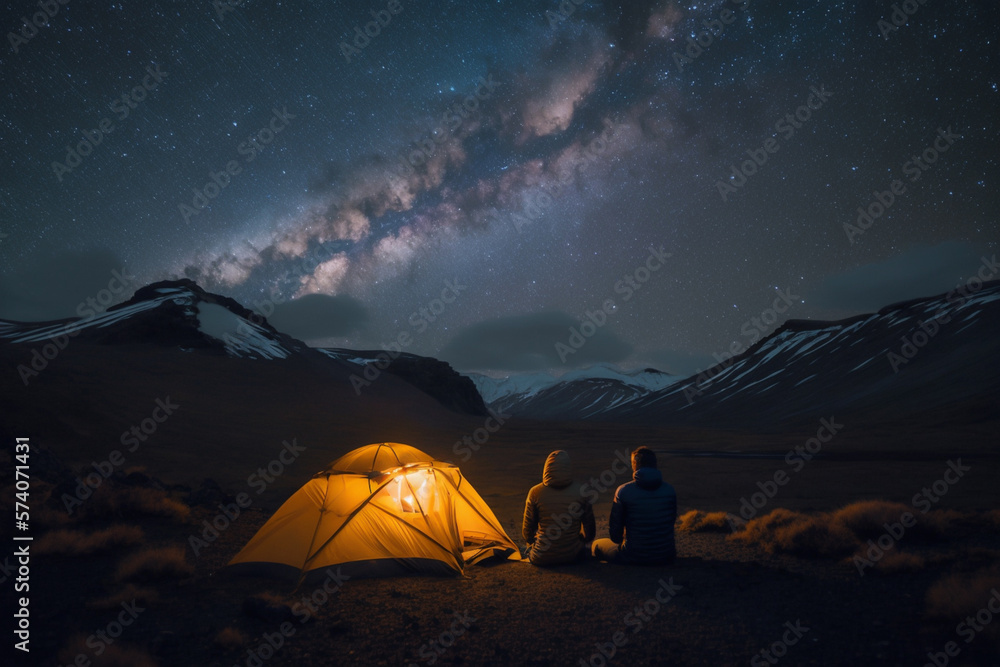 Couple camping in the Italian Dolomites with a tent, under the stars and milkyway