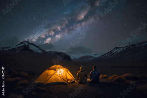 Couple camping in the Italian Dolomites with a tent, under the stars and milkyway