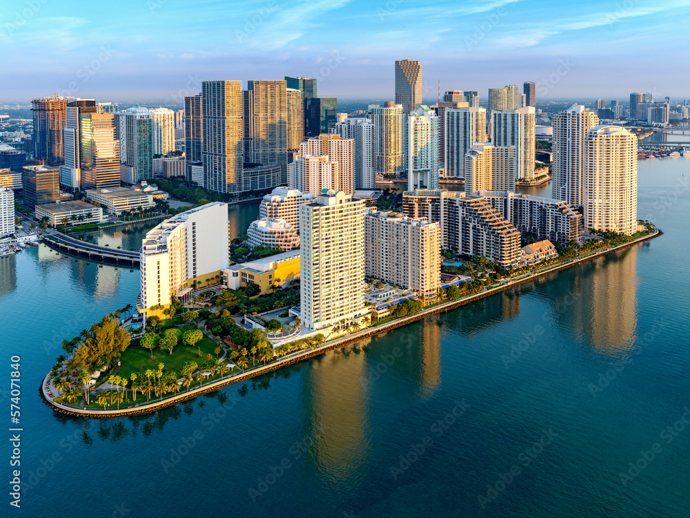 Naklejka premium Brickell Key,Downtown Miami and Four Seasons Hotel sunrise.Miami,South Florida,Dade,Florida,USA