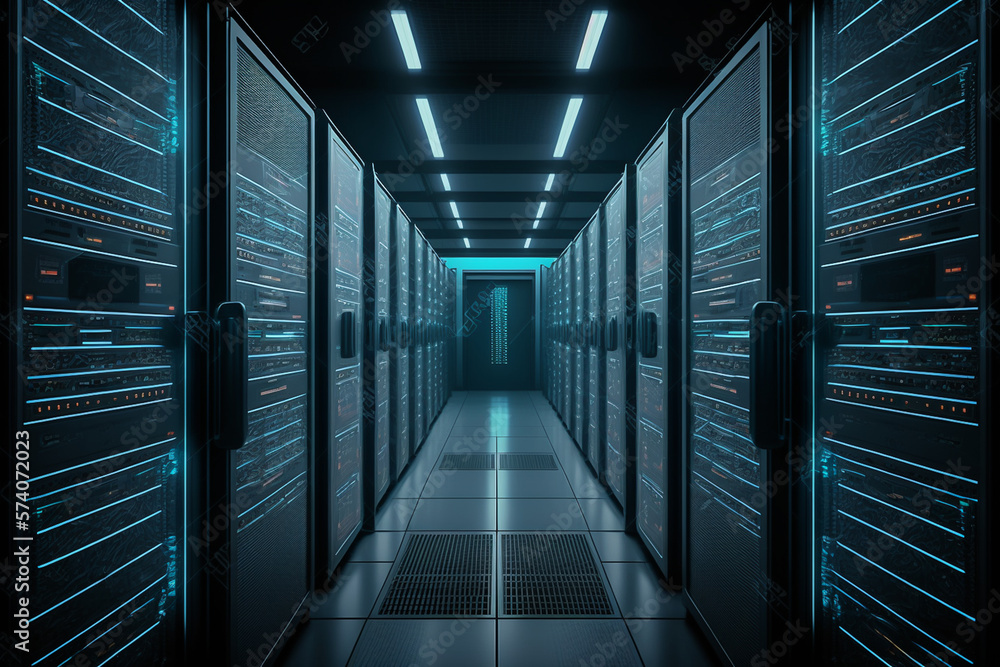 Network and internet communication technology concept, server racks, data center interior, generative ai Network and internet communication technology concept, server racks, data center interior, generative ai