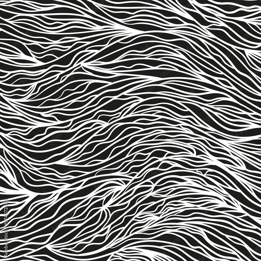 Wavy background. Hand drawn waves. Stripe texture with many lines. Waved pattern. Line art. Black and white illustration