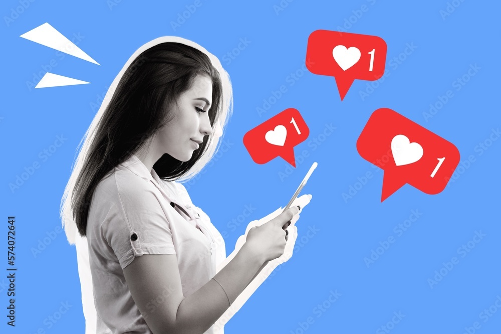 Creative collage of girl use smartphone with like icons Creative collage of girl use smartphone with like icons