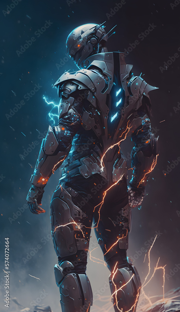 Fototapeta premium full body armored space suit with boots, futuristic, character design, generative ai
