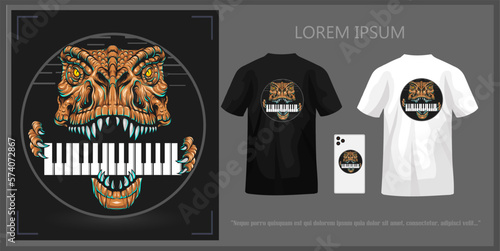 Dinosaur head biting piano t-shirt design, complete with mockup.