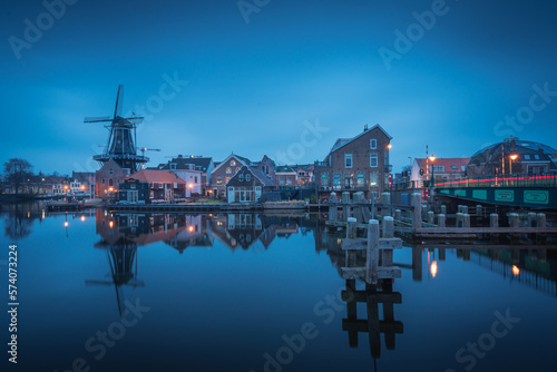 Windmill De Adriaan at night in Haarlem, Netherlands