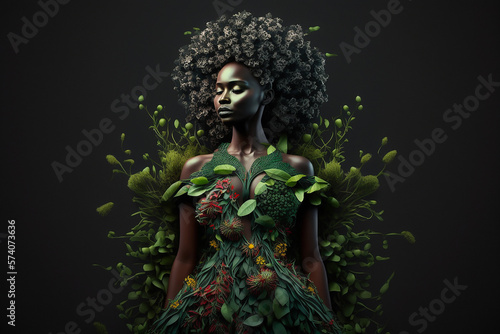 Gorgeous dress made of grass and flowers. AI generated image