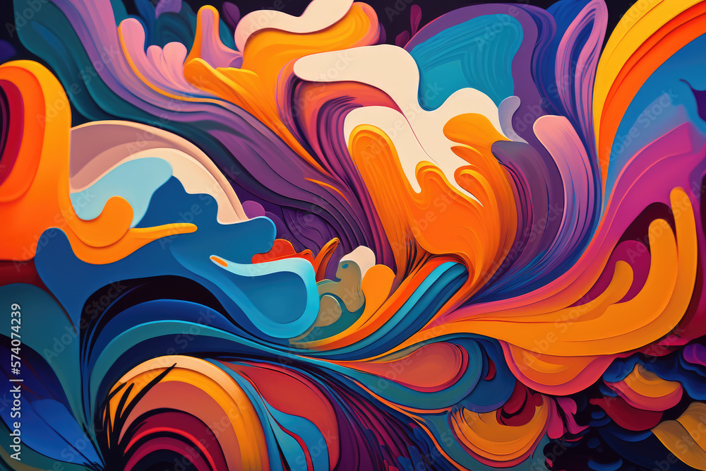 Colorful Abstract Background, A vibrant and dynamic mixture of bright hues and flowing lines come together in a fluid and rhythmic composition.  