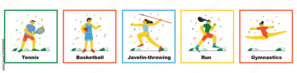 Group of abstract diverse people in sport athletic poses. Javelin-throwing, basketball, tennis, run, gymnastics. Hand drawn colorful Vector. Olympic Games, competitions vector characters