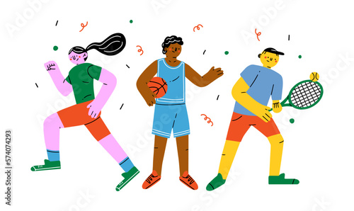 A banner or poster. Tennis, runner, basketball player. Summer Banner background. Physical activity, healthy well being concept. Vector illustration. Athletes Male and Female Characters Isolated Round.
