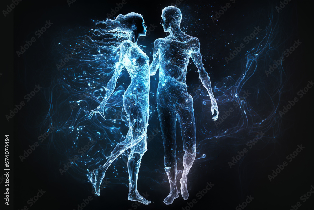 Couple in love, magic cosmic view of man and woman at night, illustration, generative AI - obrazy, fototapety, plakaty 