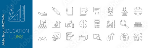 Education and e learning web icons in line style. School, university, success, academic, textbook, Distance learning Electronic resources