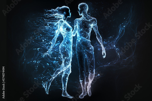 Couple in love, magic cosmic view of man and woman at night, illustration, generative AI