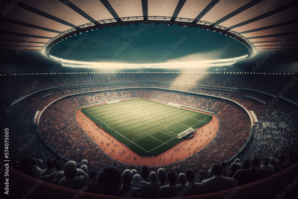 view of an entire soccer stadium filled with fans, generative ai