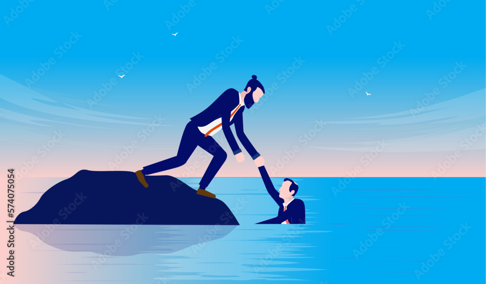 Business help and support - Businessman helping colleague back up and out of a difficult situation. Trouble and crisis concept, flat design vector illustration Business help and support - Businessman helping colleague back up and out of a difficult situation. Trouble and crisis concept, flat design vector illustration
