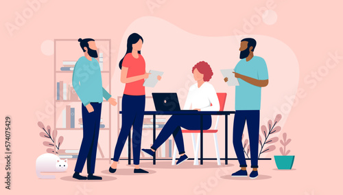 People working in office - Team of four people, men and women doing work and talking at work. Flat design vector illustration