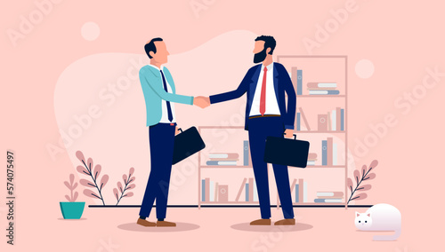 Handshake business - Two businessmen shaking hands over deal and agreement in office. Flat design vector illustration graphic