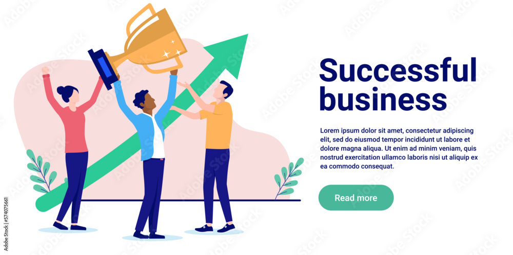 Successful business - Office people celebrating success with trophy award and green arrow pointing up. Achievement and growth concept, flat design vector illustration with copy space