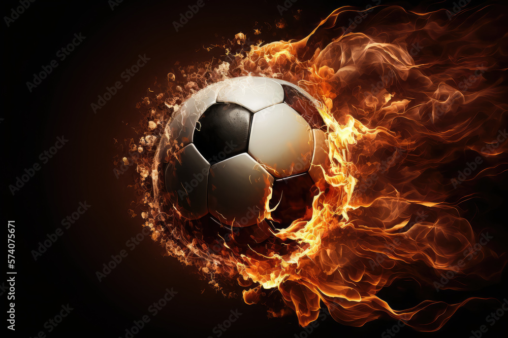 Naklejka premium soccer ball on fire with a dramatic background, generative ai