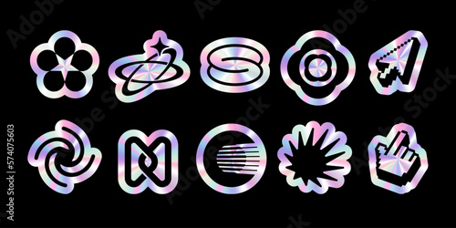 Y2K retro style holographic sticker set in various geometric shapes, including round and tag shapes. Vector labels with metallic shiny effect