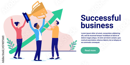 Successful business - Office people celebrating success with trophy award and green arrow pointing up. Achievement and growth concept, flat design vector illustration with copy space