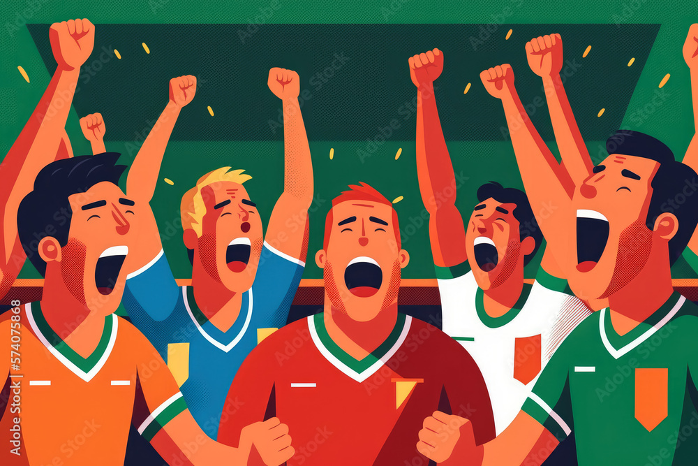 Fototapeta premium Friendly soccer fans high-fiving and laughing at the game, generative ai