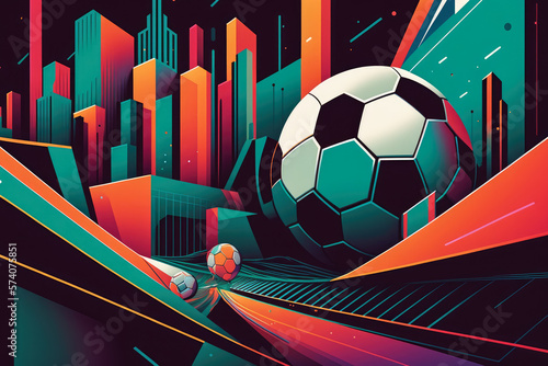 futuristic digital representation of a soccer game with a cityscape in the background and colorful lines and shapes, generative ai
