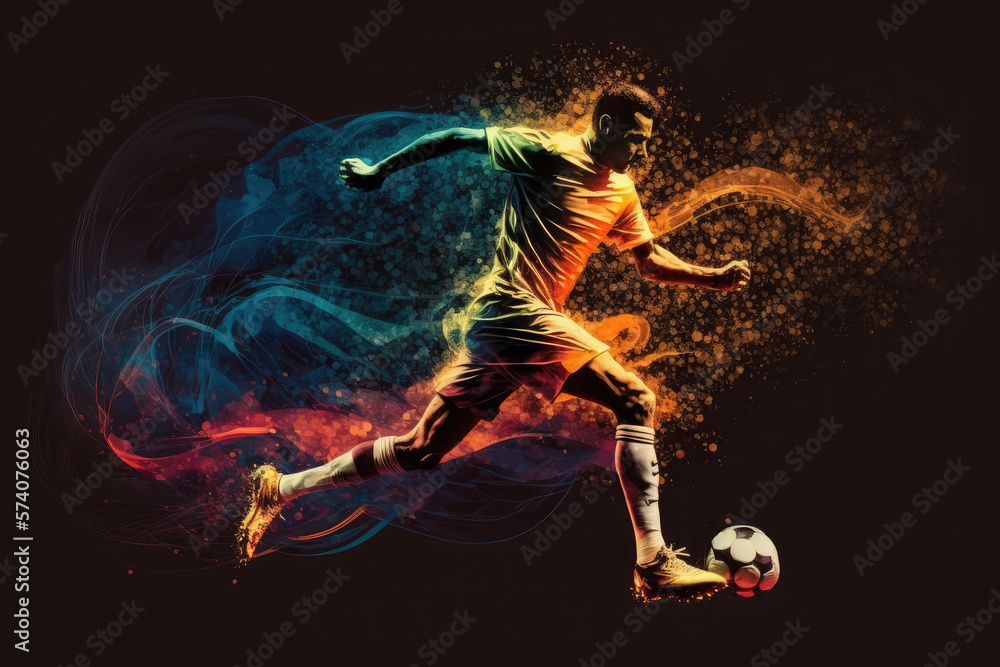 Energetic professional soccer player making a dynamic run with the ball on the field, generative ai Energetic professional soccer player making a dynamic run with the ball on the field, generative ai