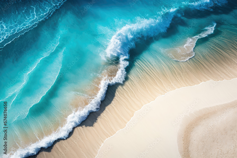 sea waves pounding on a sandy beach. aerial view. Generative AI - obrazy, fototapety, plakaty 