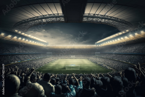 modern football stadium with the team playing in front of a packed crowd, generative ai