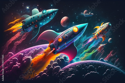 Space ships in a starry sky in vivid colours for childrens' art. Generative AI.