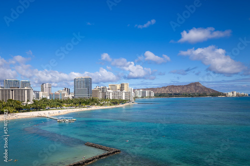 Aerial view of Waikiki Beach and Diamond Head in Honolulu  Hawaii. 