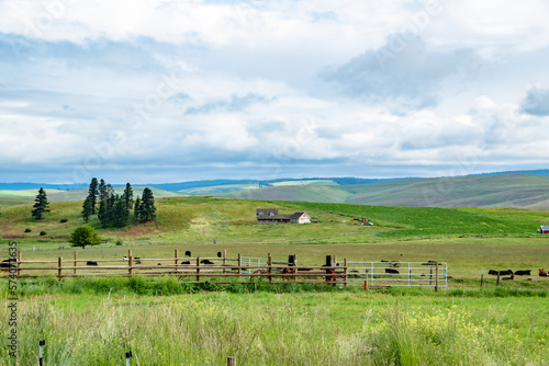 Rural Farm out in Green Hills of Wallowa in Eastern Oregon on Sunny Day