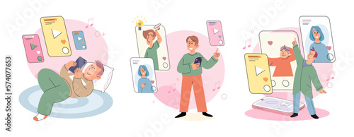 Children at home with phones and tablets set. Kids remote education, toddlers use smart technologies. Kids studying online, surfing social media, playing game, chatting by video call and use internet