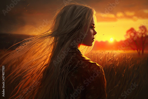 young pretty woman with long blond hair in a field in deep sun. Generative Ai