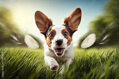 a little cute puppy dog runs towards you and his ears fly. Generative Ai
