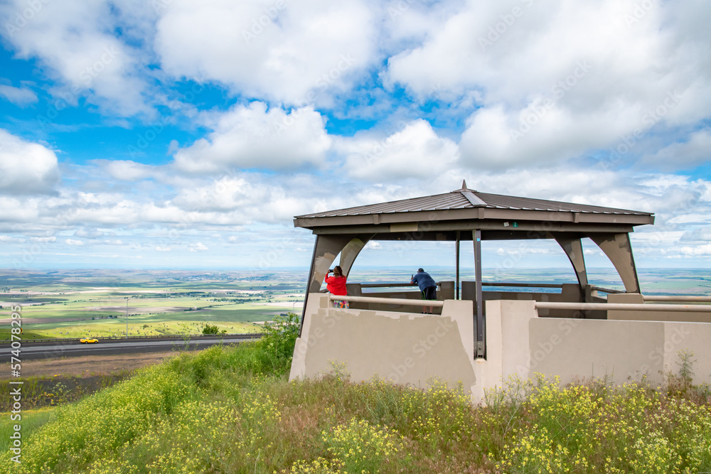 Deadman's Pass Viewpoint Looking Over Eastern Oregon Landscape Panorama Sunny Summer Day Blue Sky Clouds