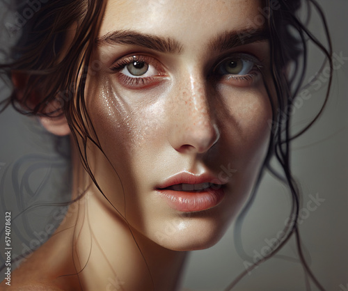 Portrait of young beautiful brunette woman. Digitally AI generated image. 